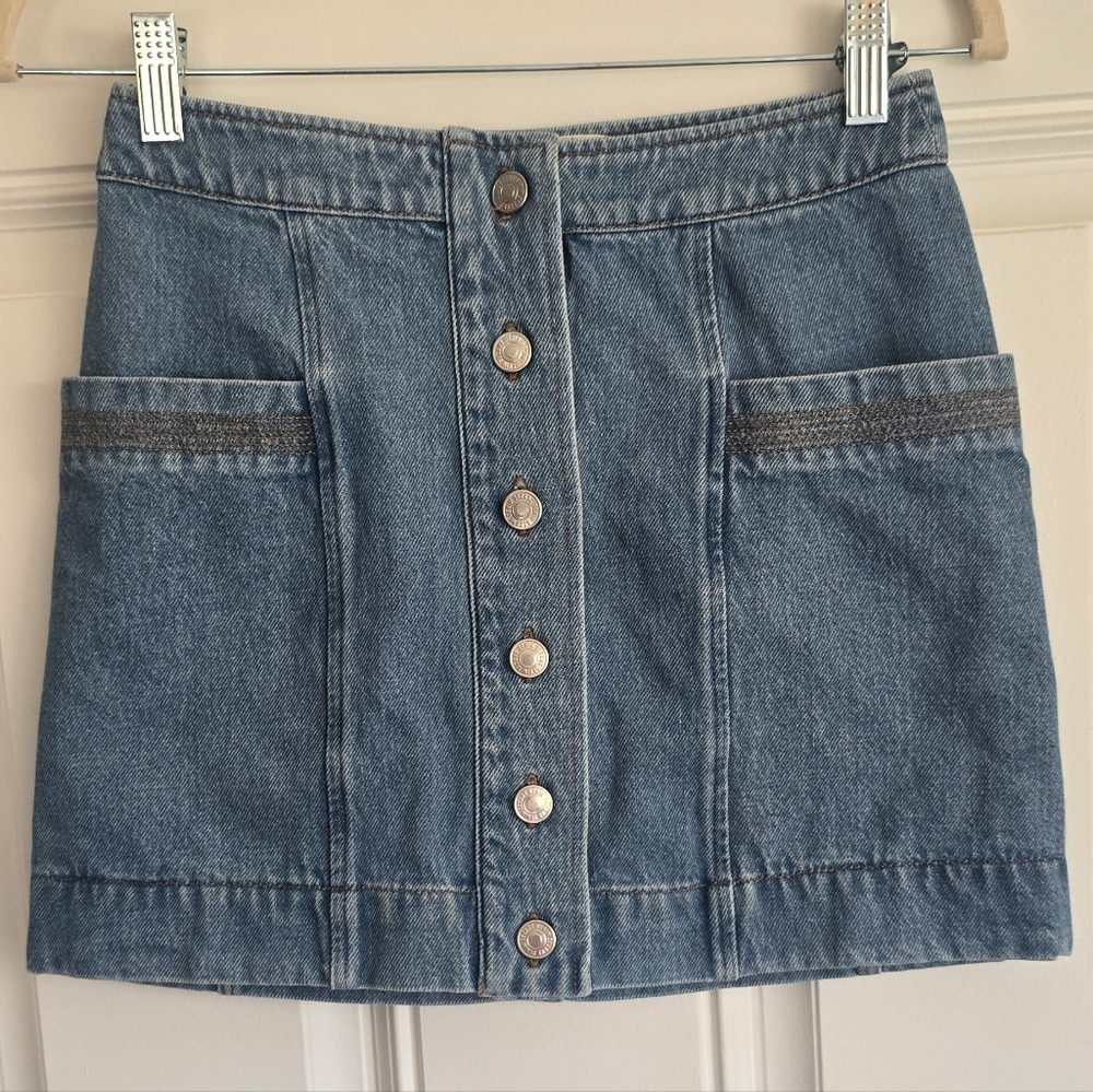 Sezane Jelena Blue Denim Mini Skirt with Button Detail